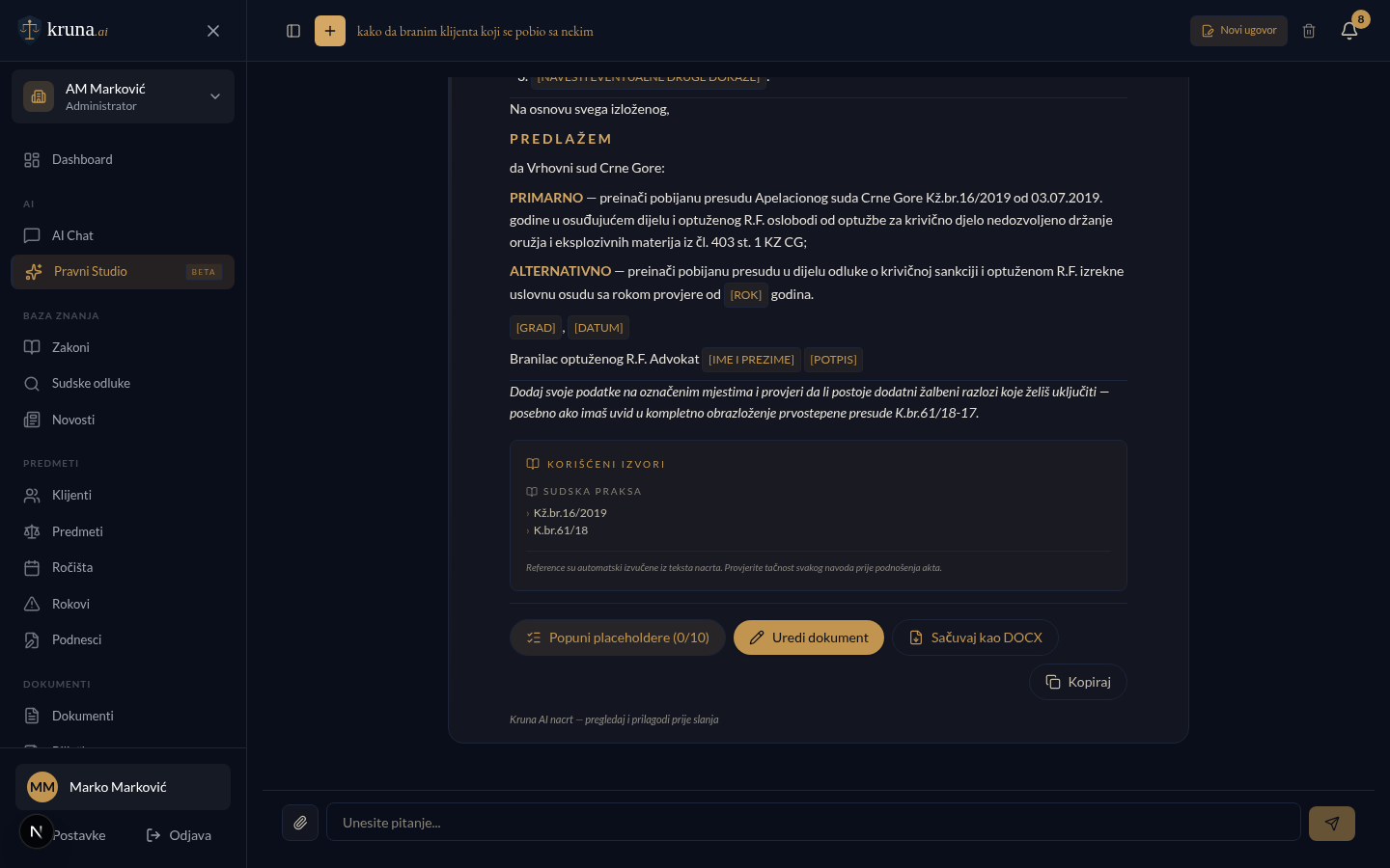 Pravni Studio — generisani nacrt revizije sa placeholderima i dugmadima Uredi dokument / Sačuvaj kao DOCX