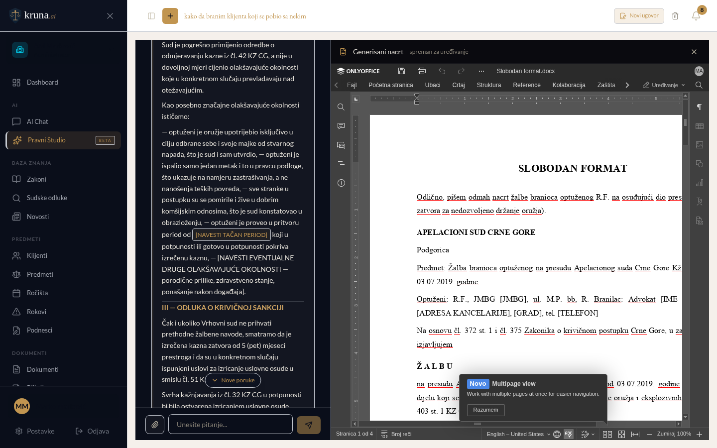 Pravni Studio — OnlyOffice editor mountovan kao desni panel pored generisanog nacrta, split-view u istoj sesiji