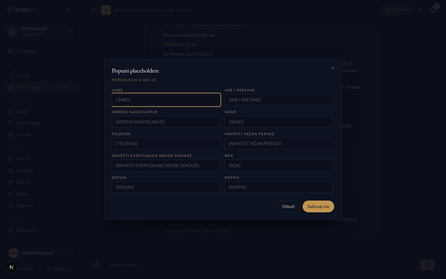 Pravni Studio — modal za popunjavanje placeholdera (JMBG, IME I PREZIME, ADRESA KANCELARIJE, GRAD, TELEFON, ROK, DATUM, POTPIS)